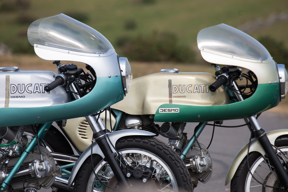 1974 Ducati 750SS green frames restored and unrestored.