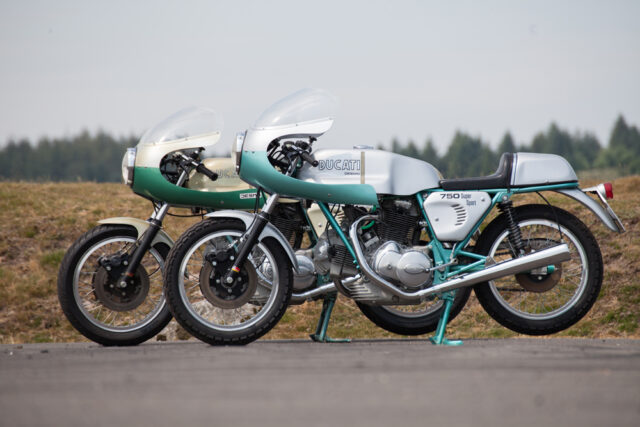 Restored and unrestored 1974 Ducati 750SS green frame for sale